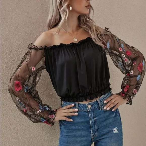 Boho floral mesh embroidered sleeve off shoulder blouse - Picture 4 of 8